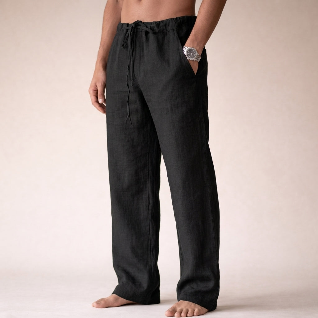 Versatile men's lightweight linen pants, easily styled for casual or smart-casual summer outfits.