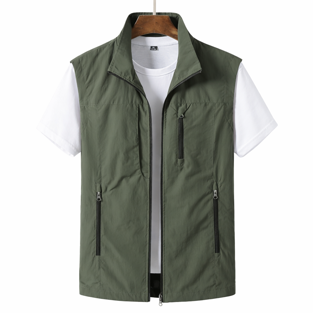 Men's lightweight multi-pocket summer vest in khaki, ideal for casual outdoor activities & travel layering.