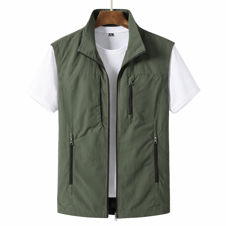Men's lightweight multi-pocket summer vest in khaki, ideal for casual outdoor activities & travel layering.