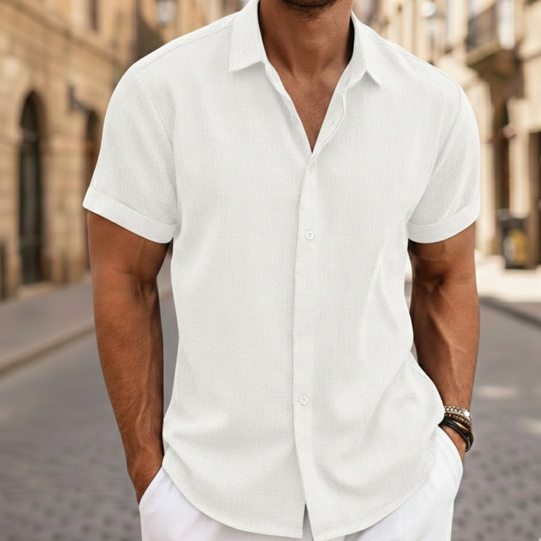 Versatile men's summer short sleeve button front casual shirt. Lightweight polo for everyday comfort.