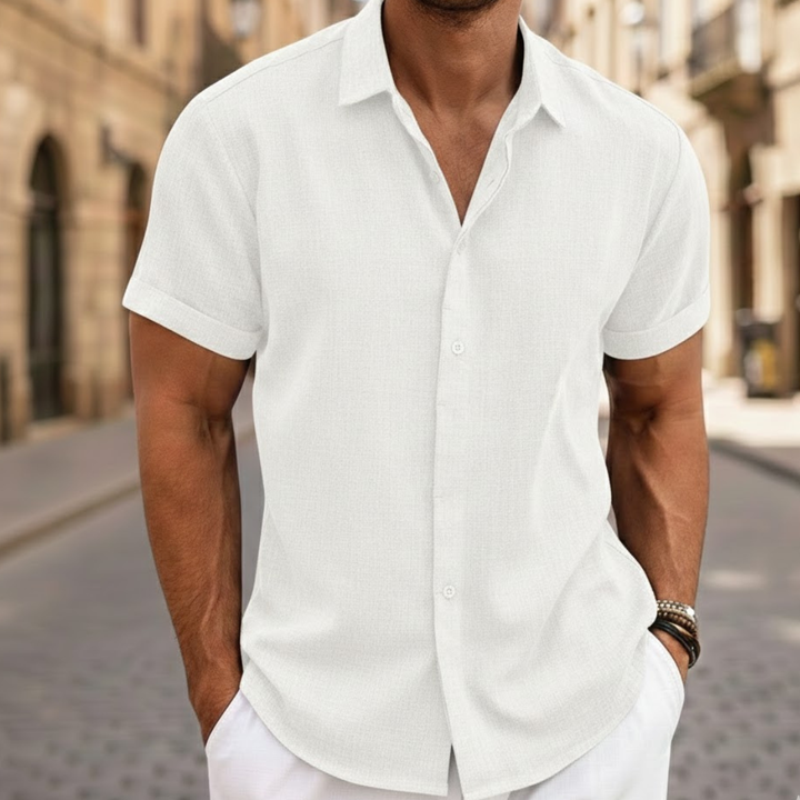 Versatile men's summer short sleeve button front casual shirt. Lightweight polo for everyday comfort.