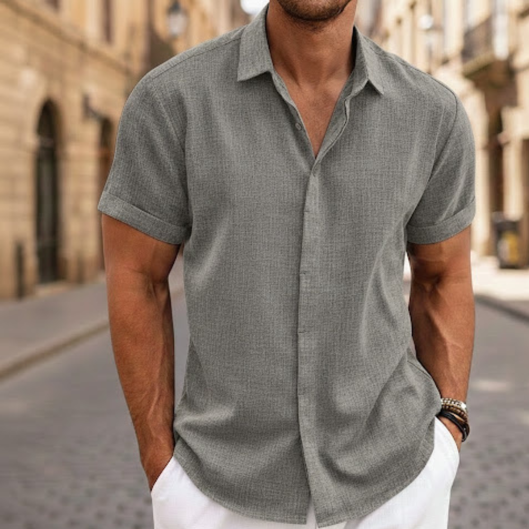 Classic men's short sleeve button up polo for summer. Lightweight and breathable, great for vacation or casual.