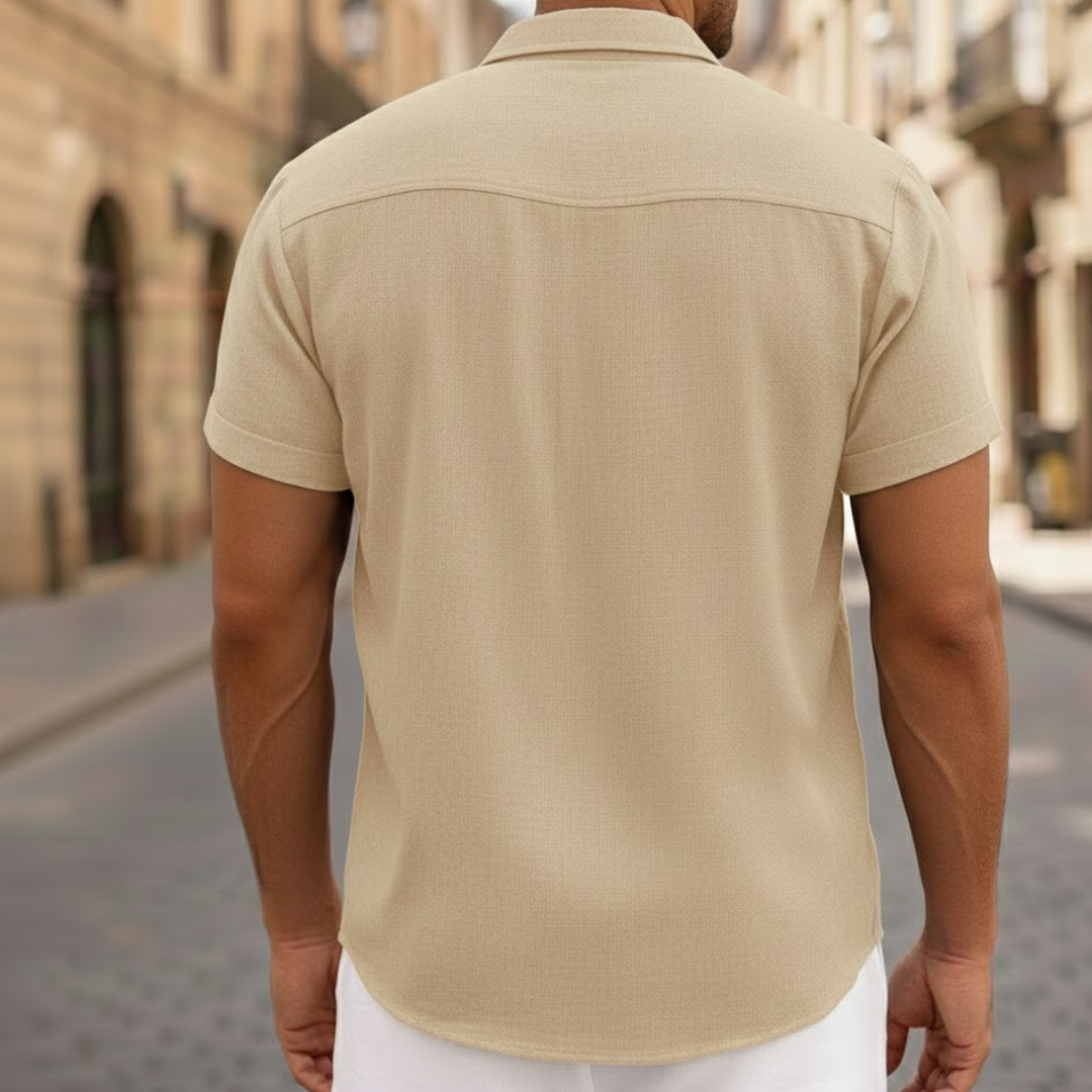 Trendy men's short sleeve button front summer shirt. Lightweight, breathable polo for stylish casual fashion.