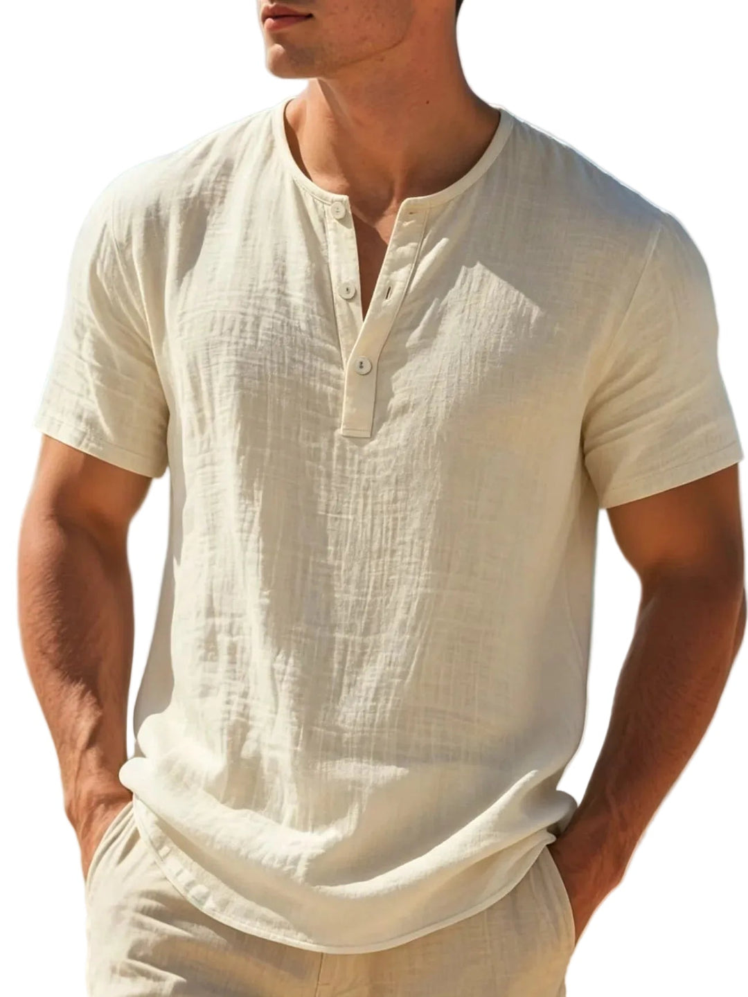 Breathable men's Henley t-shirt for summer. Features a relaxed fit and button placket for everyday casual wear.