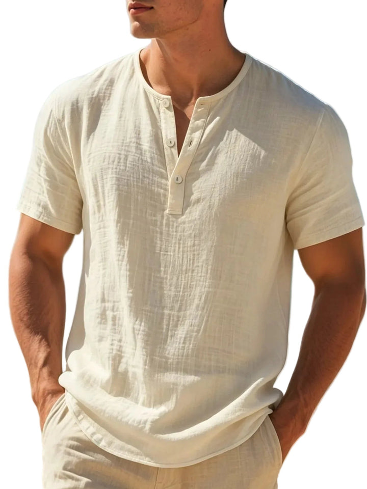 Breathable men's Henley t-shirt for summer. Features a relaxed fit and button placket for everyday casual wear.