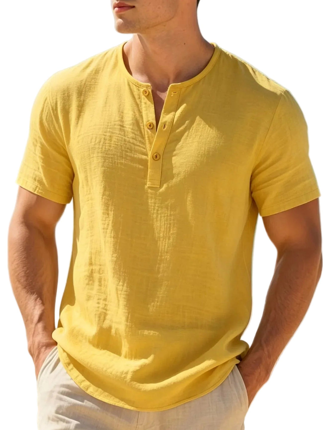 Relaxed fit men's Henley T-shirt with a classic button placket, essential for modern men's summer fashion.