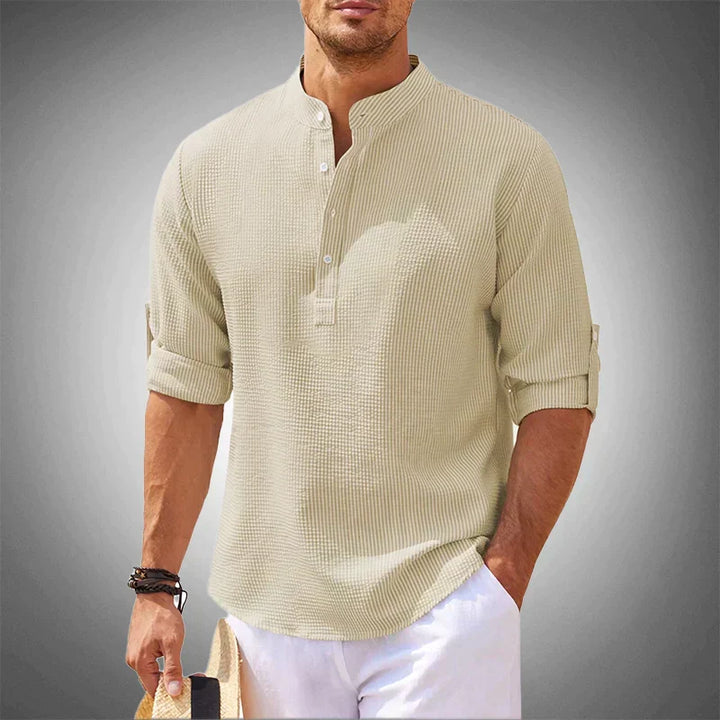 Men's collared button-up short sleeve shirt. Lightweight, breathable summer shirt ideal for casual warm weather fashion.