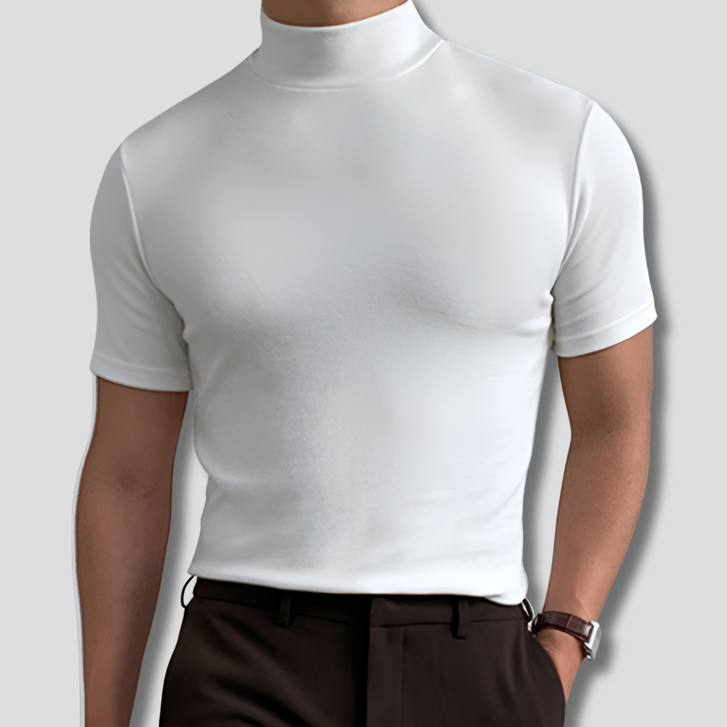 Men's lightweight short-sleeve turtleneck shirt in a modern basic style, perfect for summer casual wear.