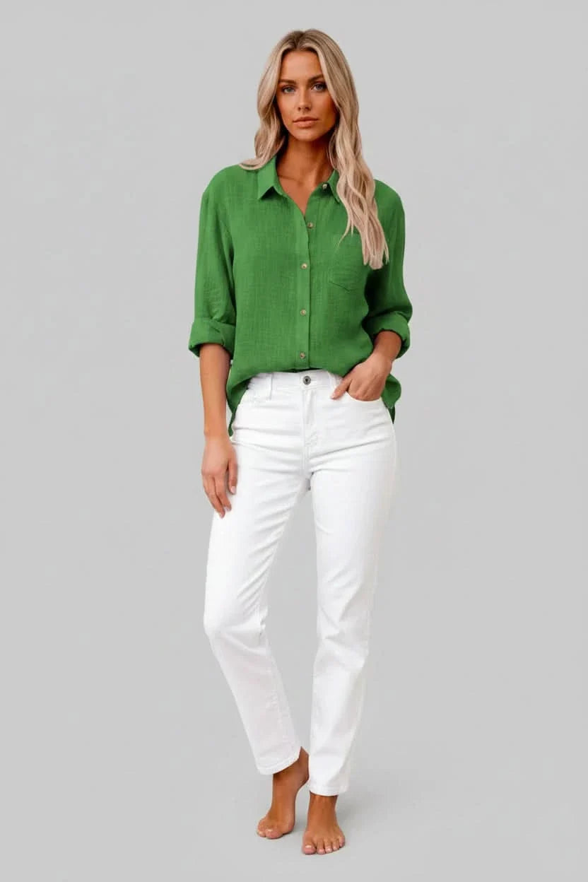 Soft, breathable men's lightweight button-up shirt in a solid color, ideal for travel & casual comfort.