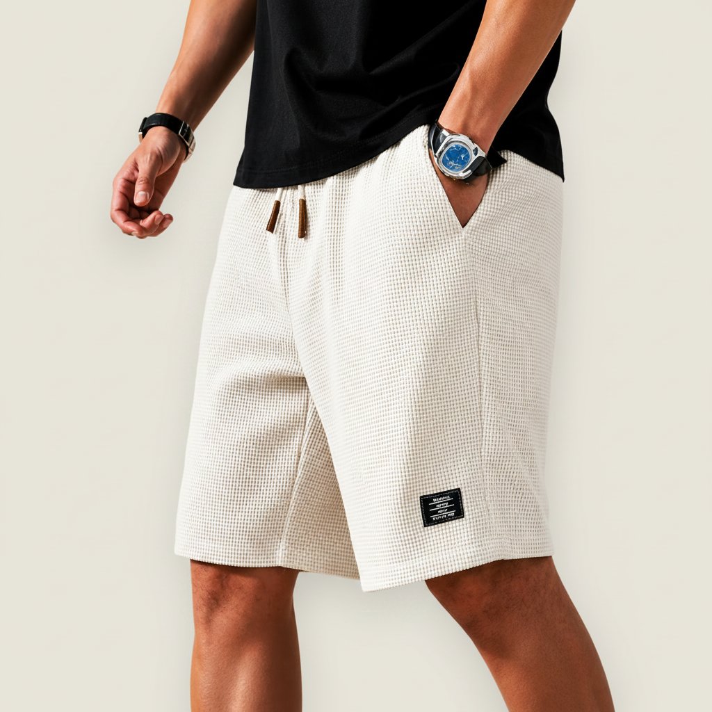 Comfortable men's lightweight waffle knit shorts, perfect for summer casual wear & relaxation.
