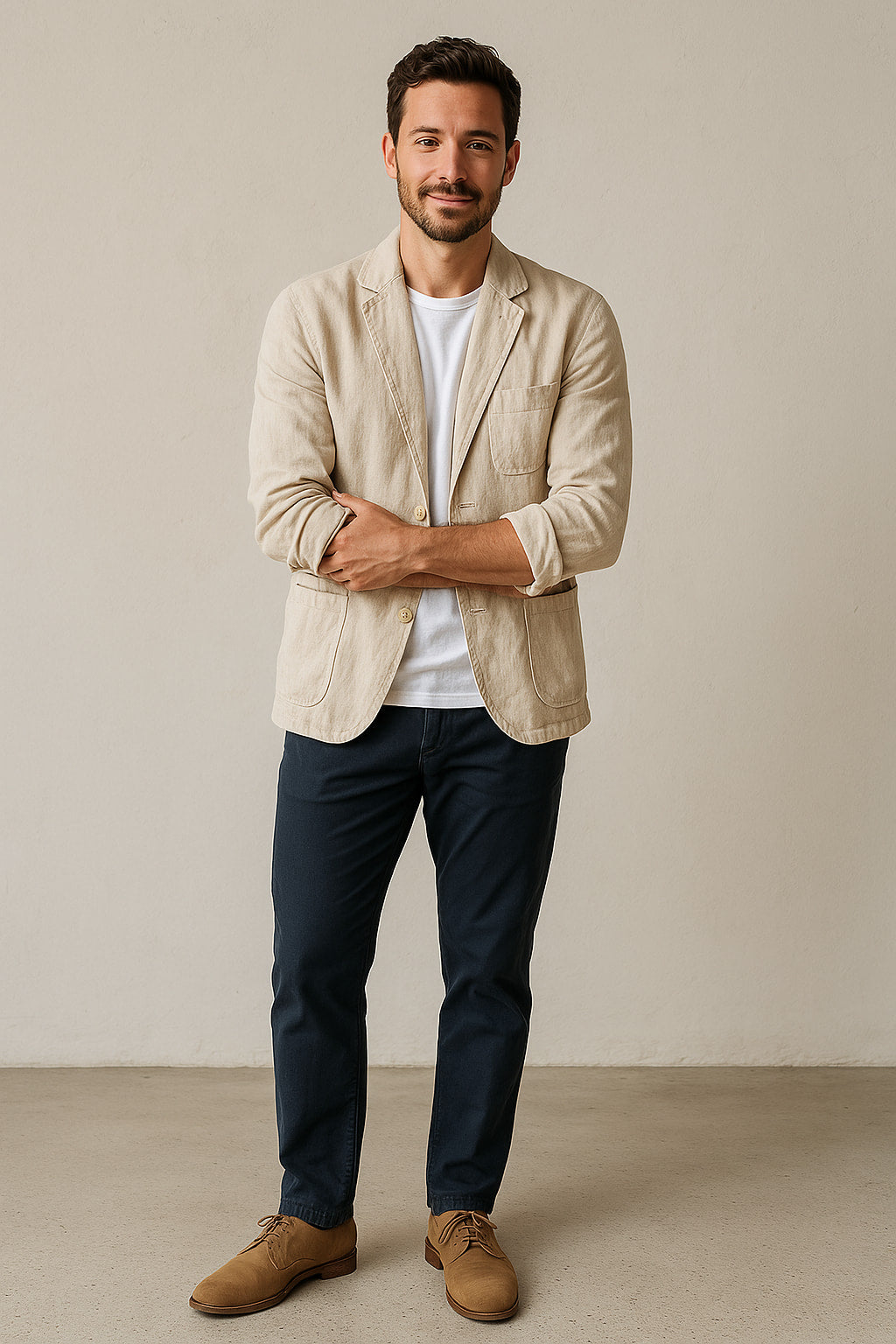 Men's lightweight unstructured blazer with notched lapel & two-button closure for smart casual spring style.