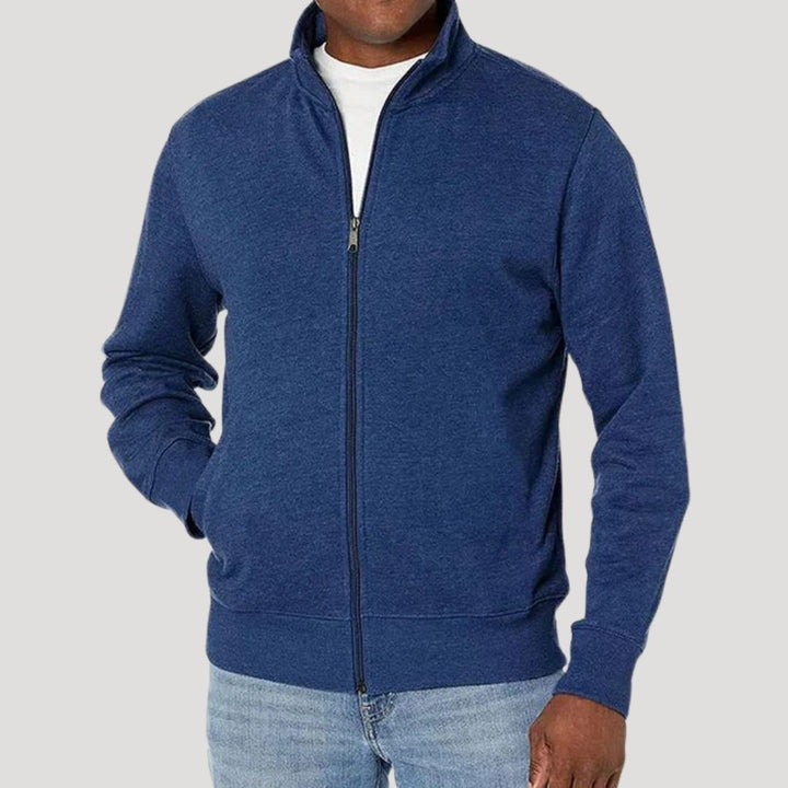 Side profile of a men's zip-up lightweight jacket, ideal for spring menswear and outdoor activities.