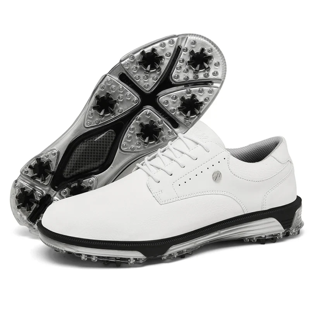 Waterproof men's performance golf shoes with advanced cleats for superior traction & stability on the course.