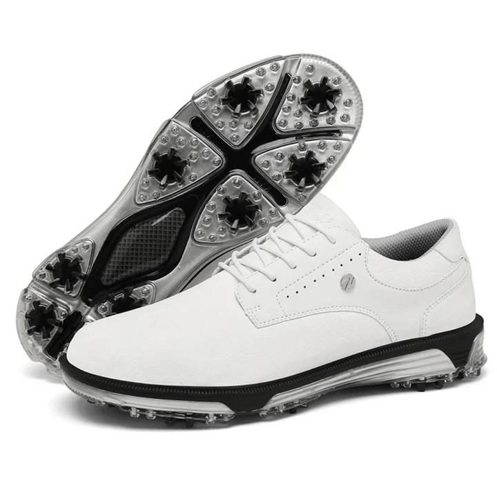 Waterproof men's performance golf shoes with advanced cleats for superior traction & stability on the course.