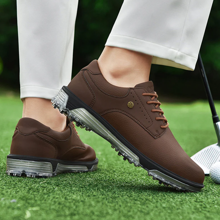 Comfortable waterproof men's golf shoes, perfect for long rounds with athletic support & golf course grip.