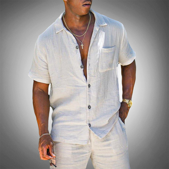 Men's linen blend short sleeve shirt and shorts summer loungewear set. Comfortable two-piece casual outfit.