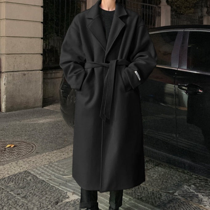 Men's long belted overcoat for timeless formal elegance, perfect for winter and autumn fashion.