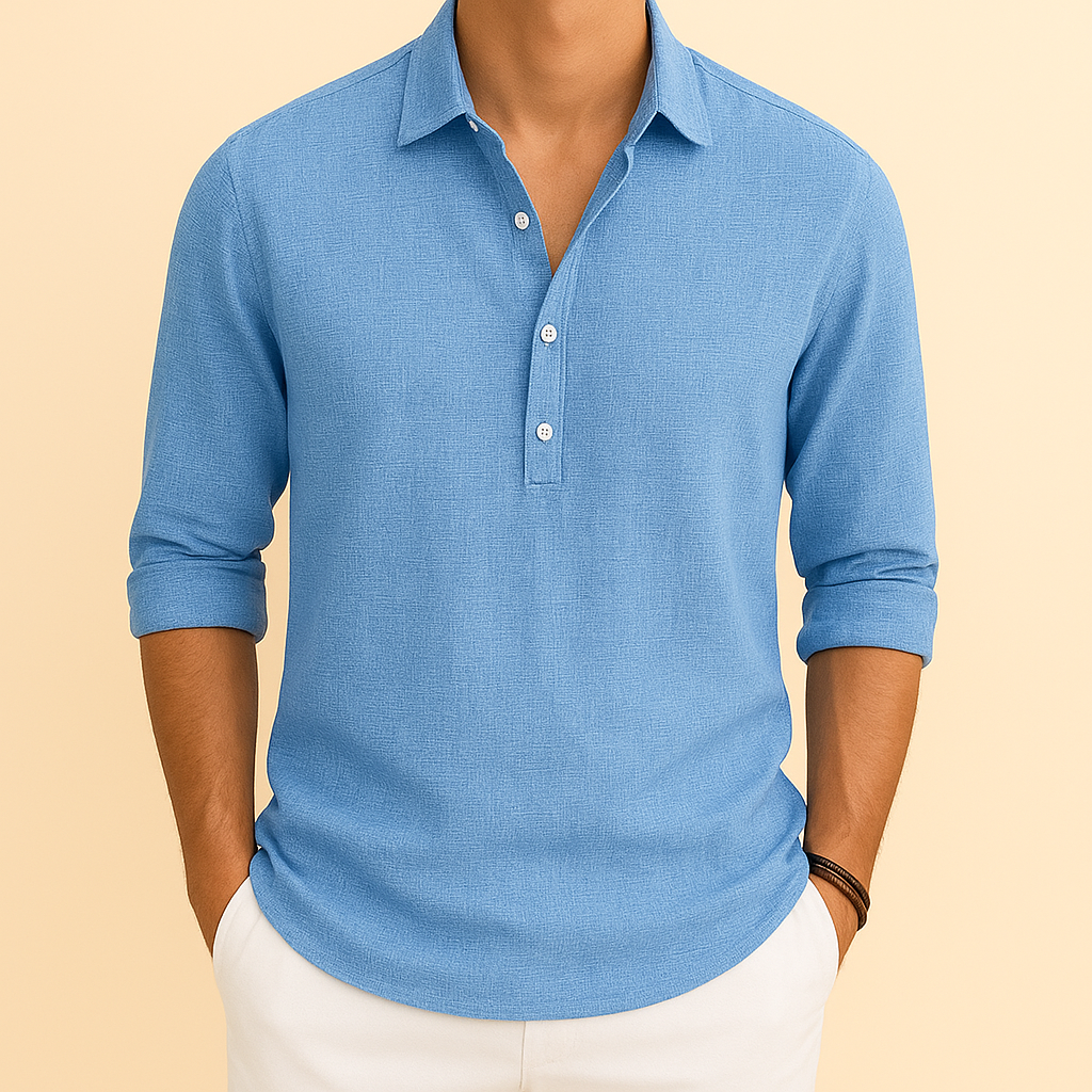 Men's long sleeve polo shirt with button neck, ideal for smart casual wear.