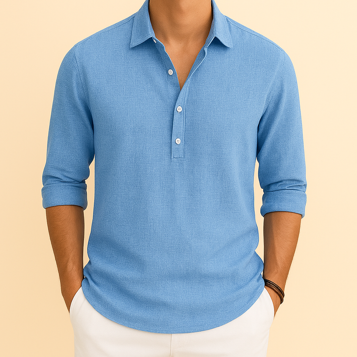 Men's long sleeve polo shirt with button neck, ideal for smart casual wear.