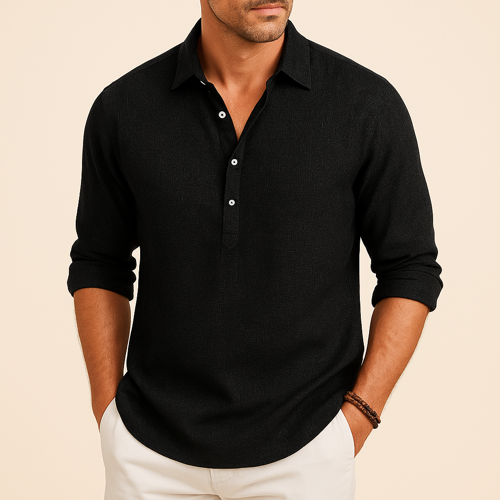 Relaxed fit men's long sleeve polo, button neck, perfect for spring & autumn everyday wear.