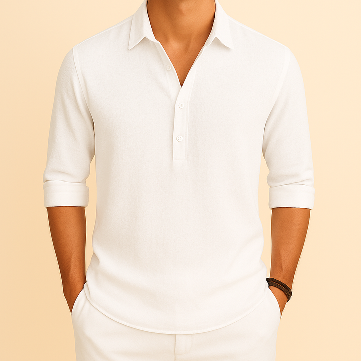 Classic men's button neck long sleeve polo, versatile for casual & smart fashion.