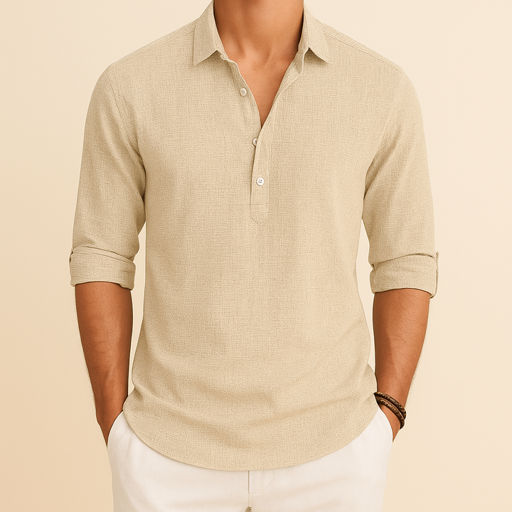 Comfortable men's long sleeve collared polo shirt, button neck style, great for everyday wear.