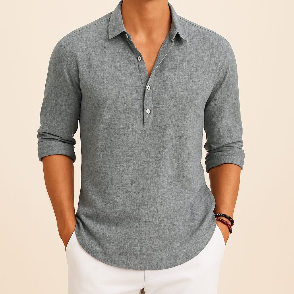 Transitional men's long sleeve polo shirt, button neck placket, essential for smart casual autumn outfits.