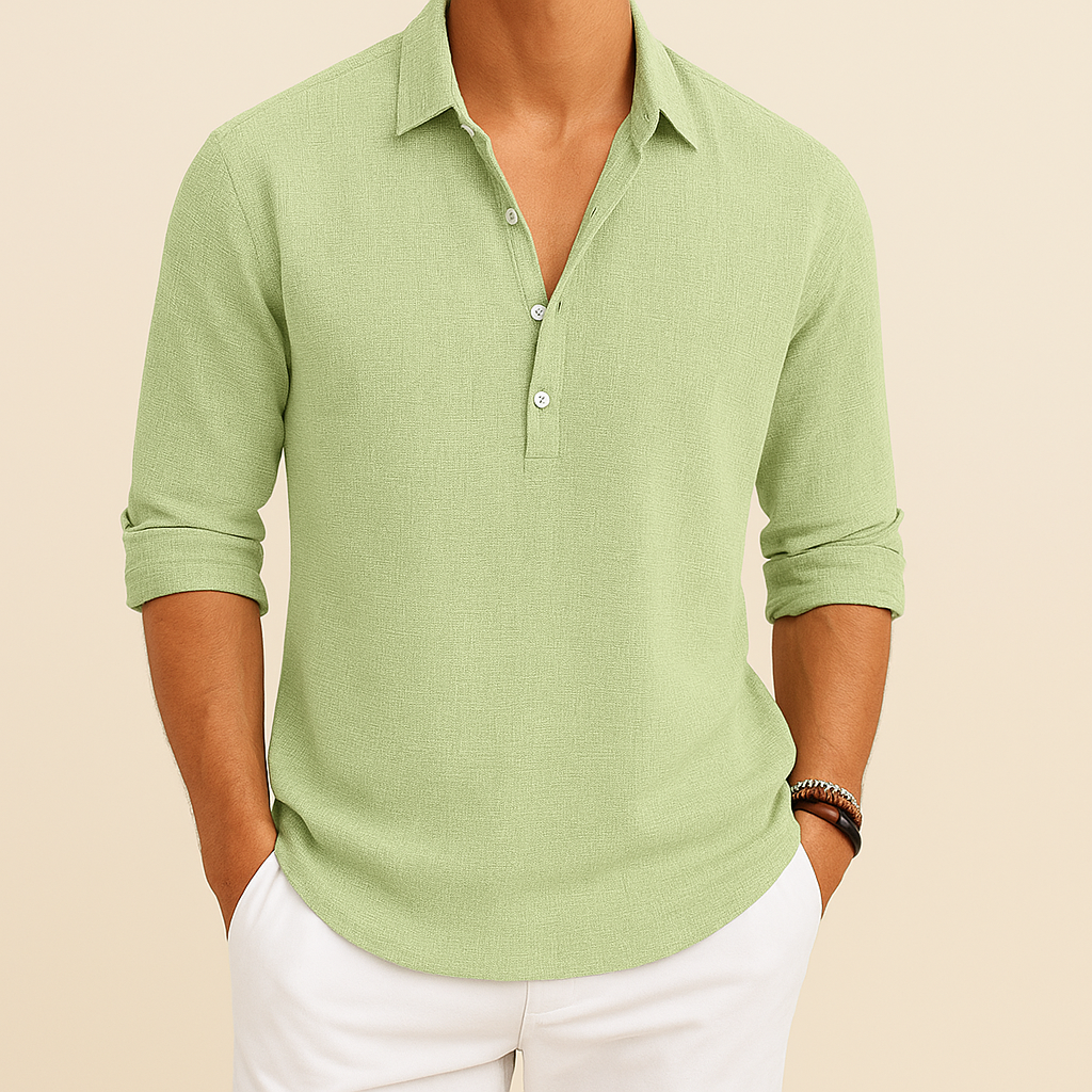 Stylish men's long sleeve button neck polo, relaxed fit, perfect for casual spring & autumn fashion.