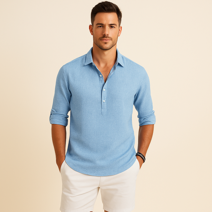 Men's collared long sleeve polo shirt with button neck. Essential smart casual style for transitional seasons.
