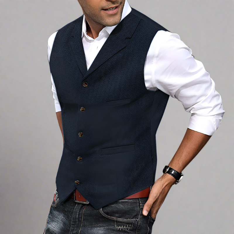 Chic men's longline V-neck vest, blending formal elegance with smart casual appeal for a modern look.