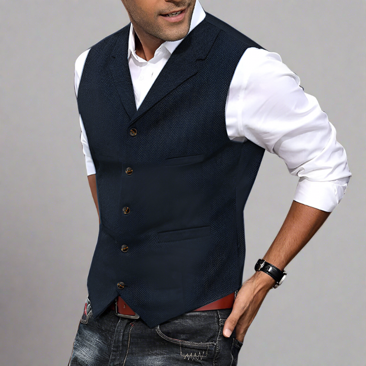 Chic men's longline V-neck vest, blending formal elegance with smart casual appeal for a modern look.