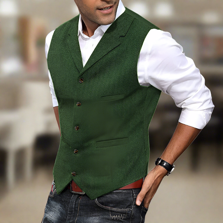 Tailored men's longline V-neck suit vest, ideal for weddings, business, and sleek formal wear.