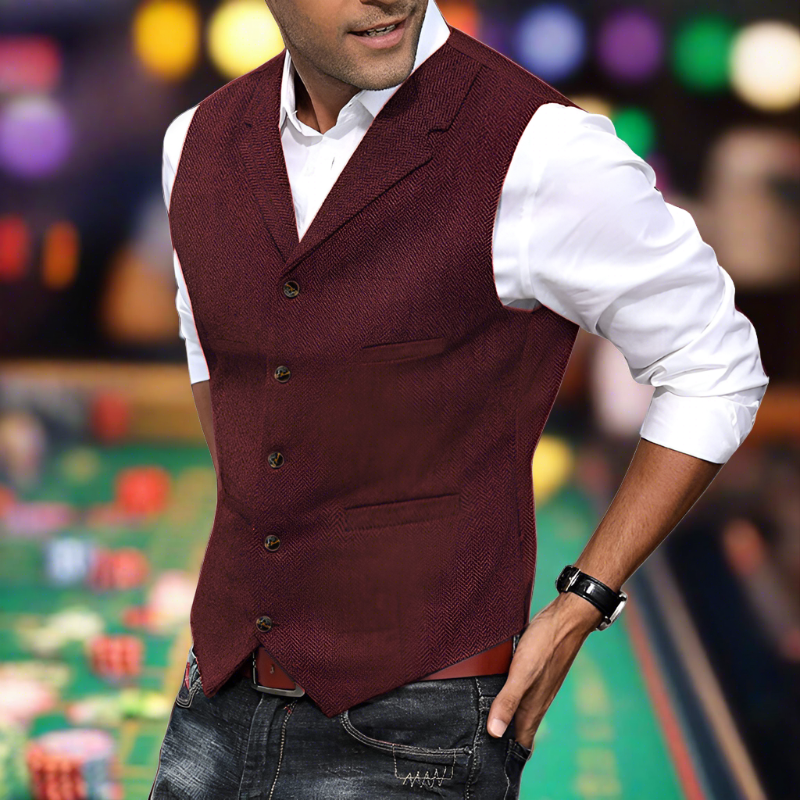 Stylish men's longline V-neck suit vest, a professional layering piece for smart casual & formal outfits.