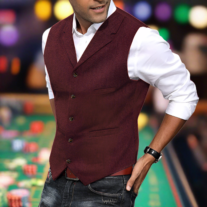 Stylish men's longline V-neck suit vest, a professional layering piece for smart casual & formal outfits.