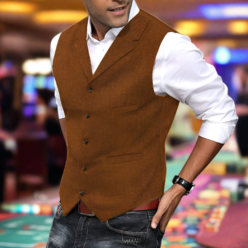 Versatile men's longline V-neck vest, enhancing business attire, wedding ensembles & professional style.