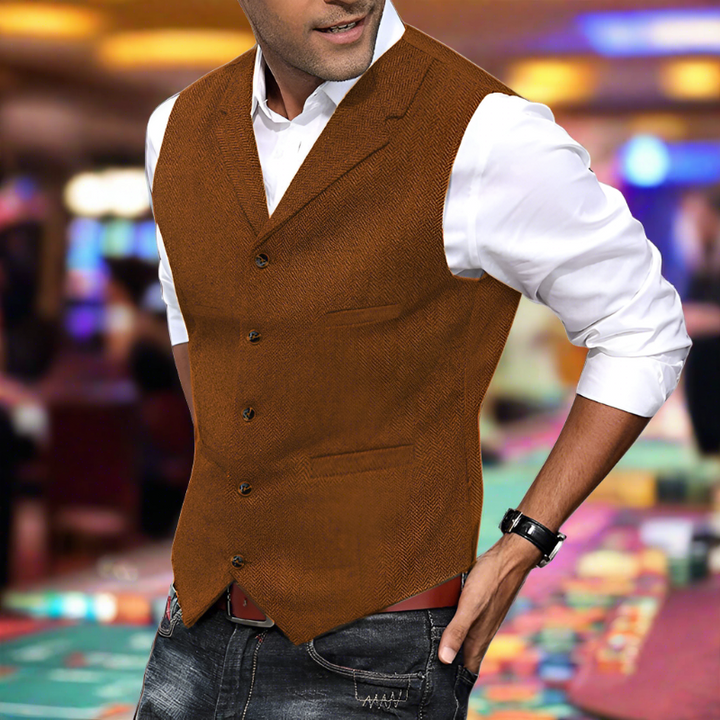 Versatile men's longline V-neck vest, enhancing business attire, wedding ensembles & professional style.