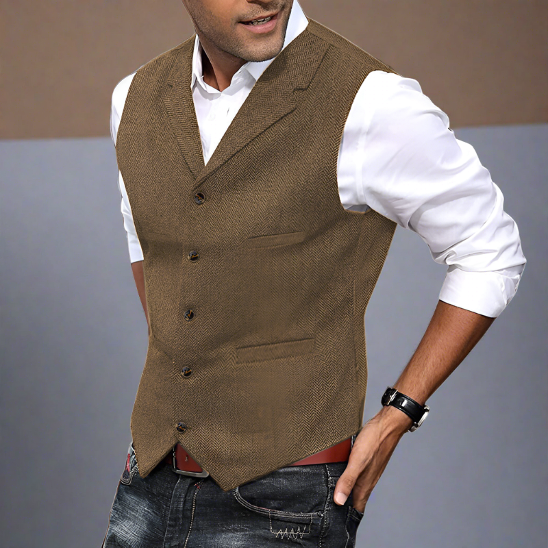 Sophisticated longline V-neck suit vest for men, offering a sharp, tailored look for any formal event.