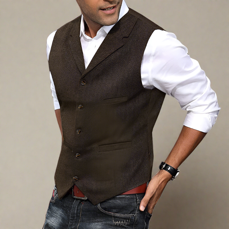 Modern men's longline V-neck vest, a key layering piece for formal occasions, business & smart casual.