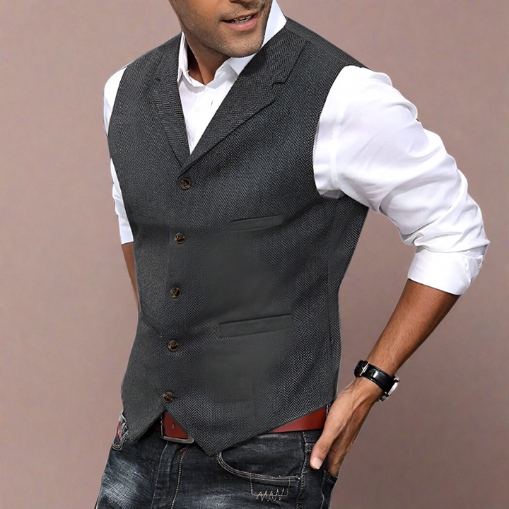 Elegant men's longline V-neck wedding vest, perfect for groomsmen & formal celebrations, professional attire.