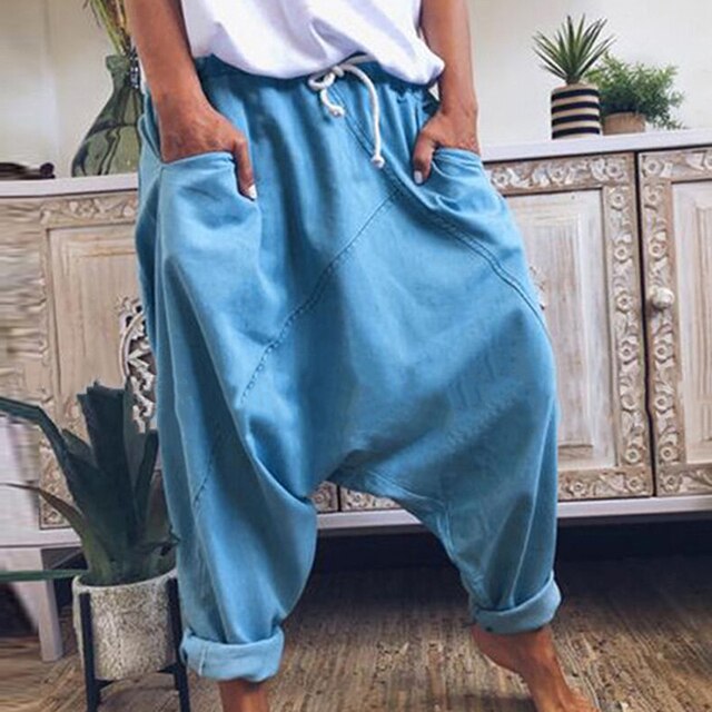 Comfortable men's blue bohemian harem pants, loose fit, perfect for casual, relaxed style.