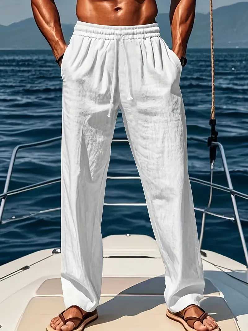 Men's loose fit chino pants with drawstring waist. Comfortable straight leg trousers for casual everyday wear.