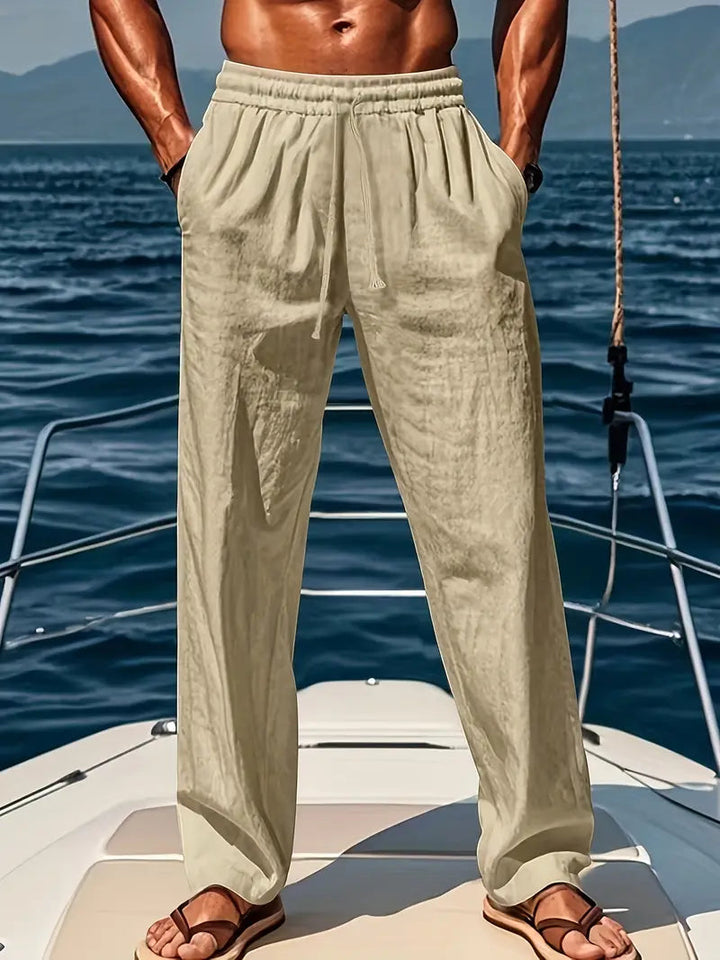 Versatile men's drawstring loose fit pants. Comfortable straight leg chino trousers for casual & everyday fashion.