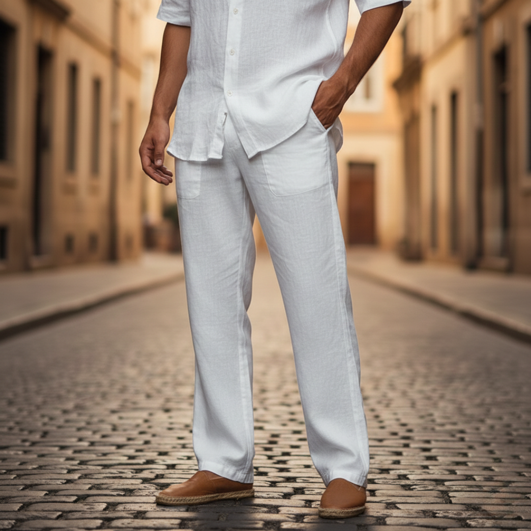 Fashionable men's loose fit linen trousers with drawstring, a versatile choice for casual wear.