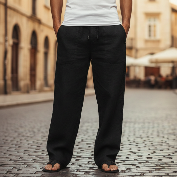 Textured shot of breathable men's linen trousers fabric, designed for casual summer comfort.