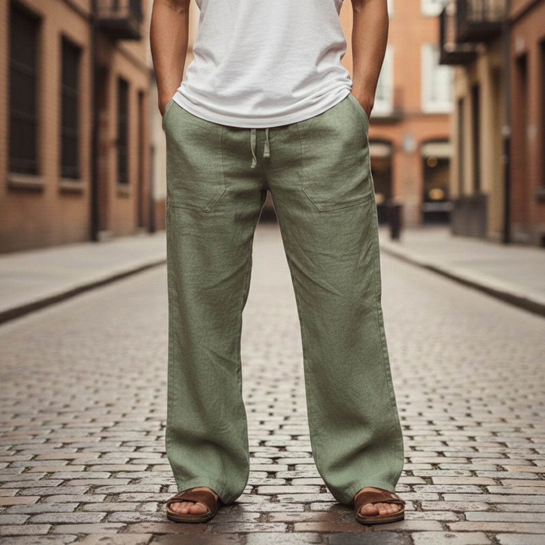 Dark blue men's casual linen pants with drawstring, offering a comfortable, loose fit.