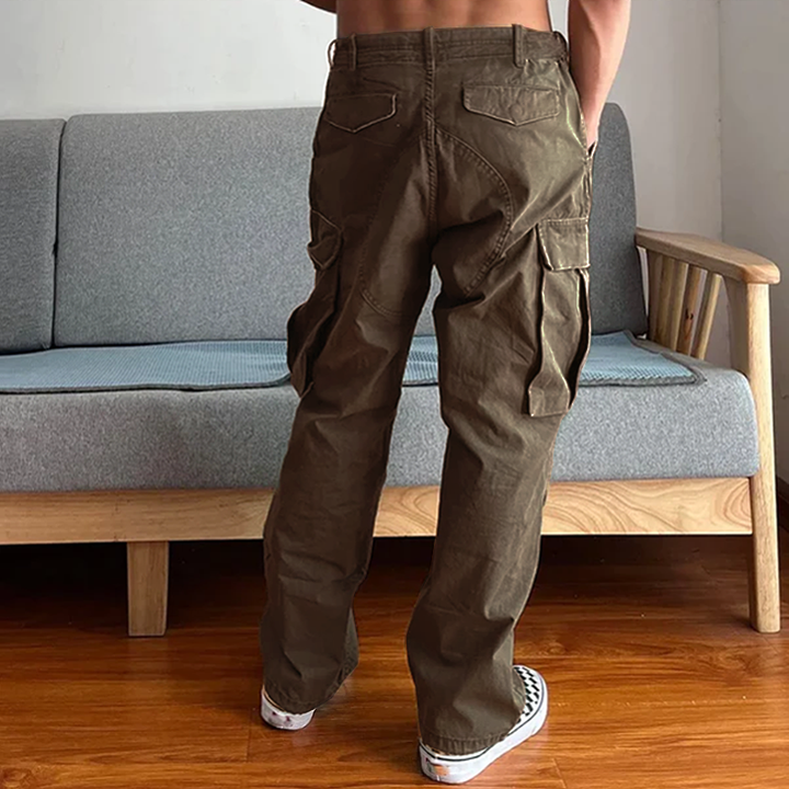 Fashionable men's loose fit cargo chino pants, washed for comfort & versatile casual appeal.