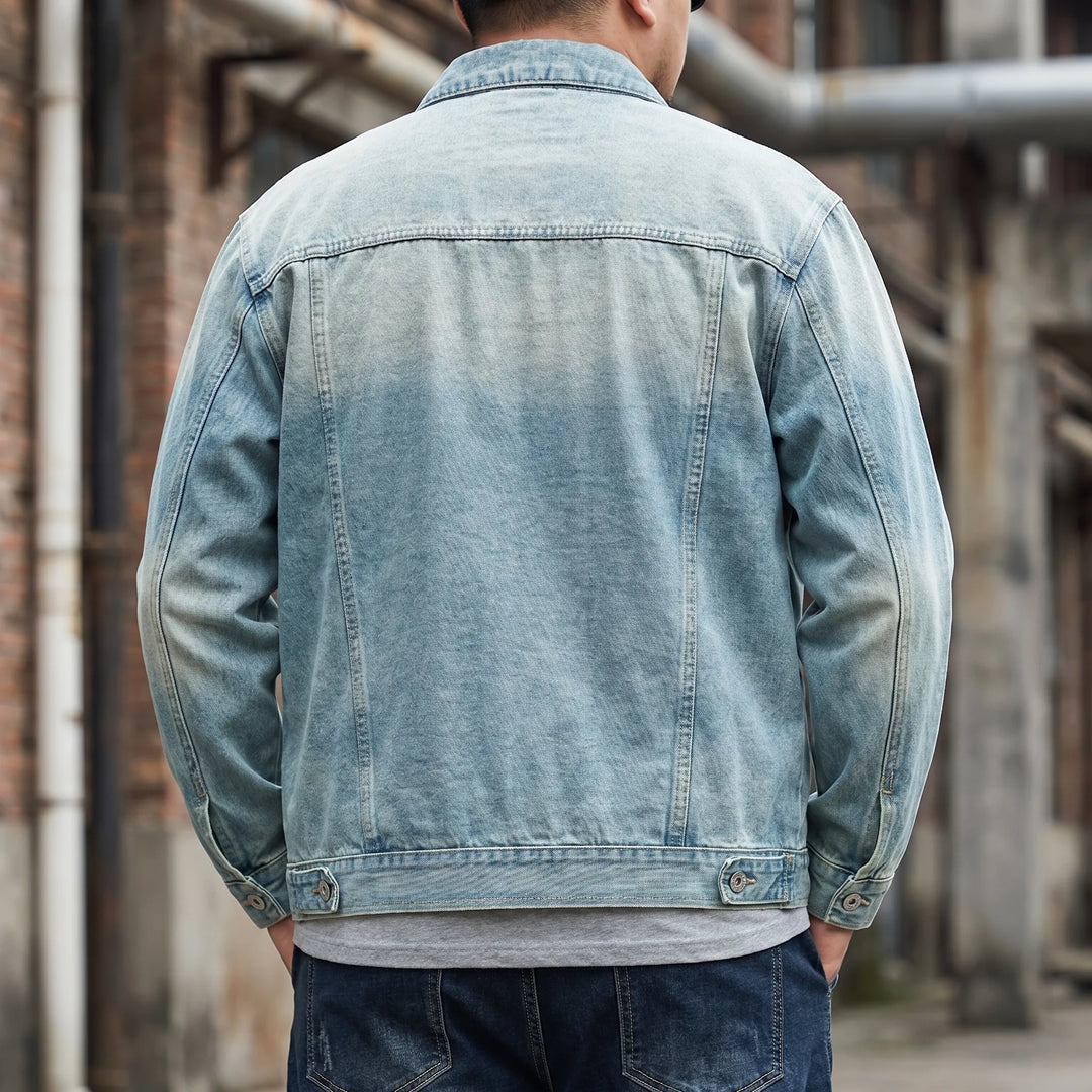 Men's loose fit zip-up denim jacket, perfect for comfortable streetwear & casual style.