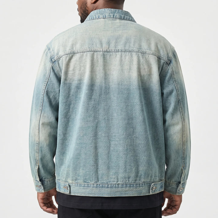 Plus size men's loose fit zip-up denim jacket, ideal comfortable outerwear for layering.