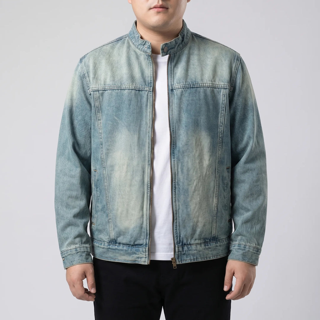 Fashionable men's loose fit zip-up denim jacket, a versatile layering piece and outerwear.
