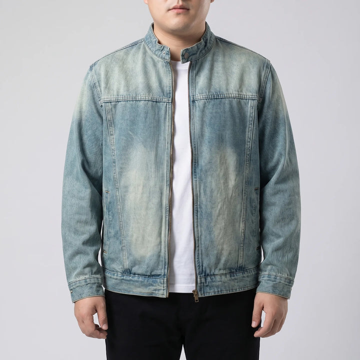 Fashionable men's loose fit zip-up denim jacket, a versatile layering piece and outerwear.